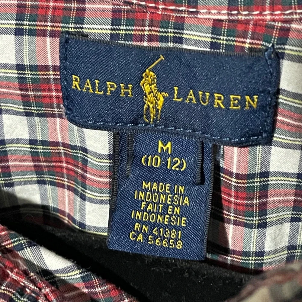 Ralph Lauren Boys Red White Navy Plaid Button Down Shirt Size M‎ 10-12 Cotton